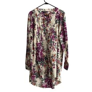 Roaman's Pintuck Tunic Top Sz 18 Button Up Purple Floral V-neck Long Sleeve